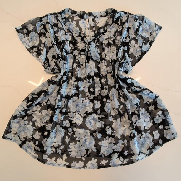 Elle Sz XXL Blue Floral Ruffle Sleeve Blouse Sheer Transparent Top Romantic AOP - Picture 1 of 10